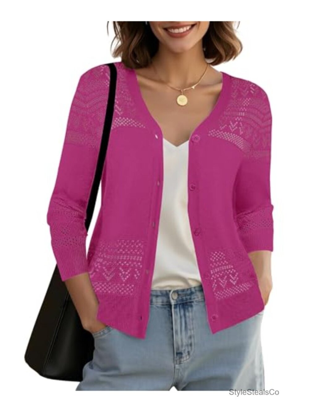 Lightweight Crochet Knit Cardigan 3/4 Sleeve Button Down Boho Summer Sweater